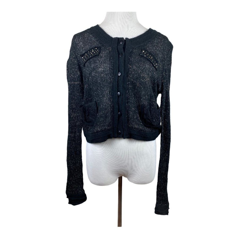 Yest Cardigan Sweater Womens Medium 10 US Black Open Knit Button Up Metallic New